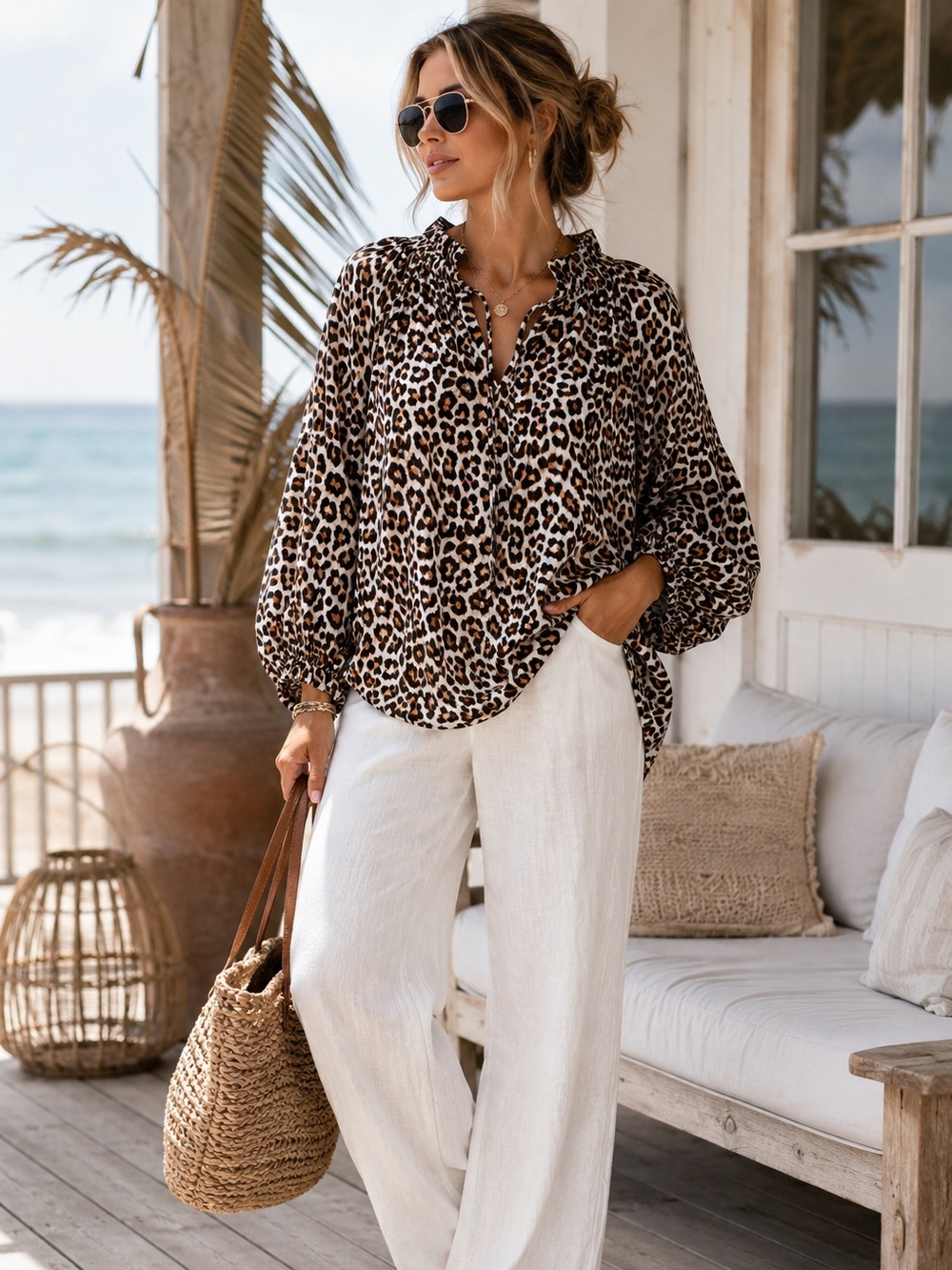 H&M Leopard Print Balloon Sleeve Blouse Size L Mob Wife Animal Print